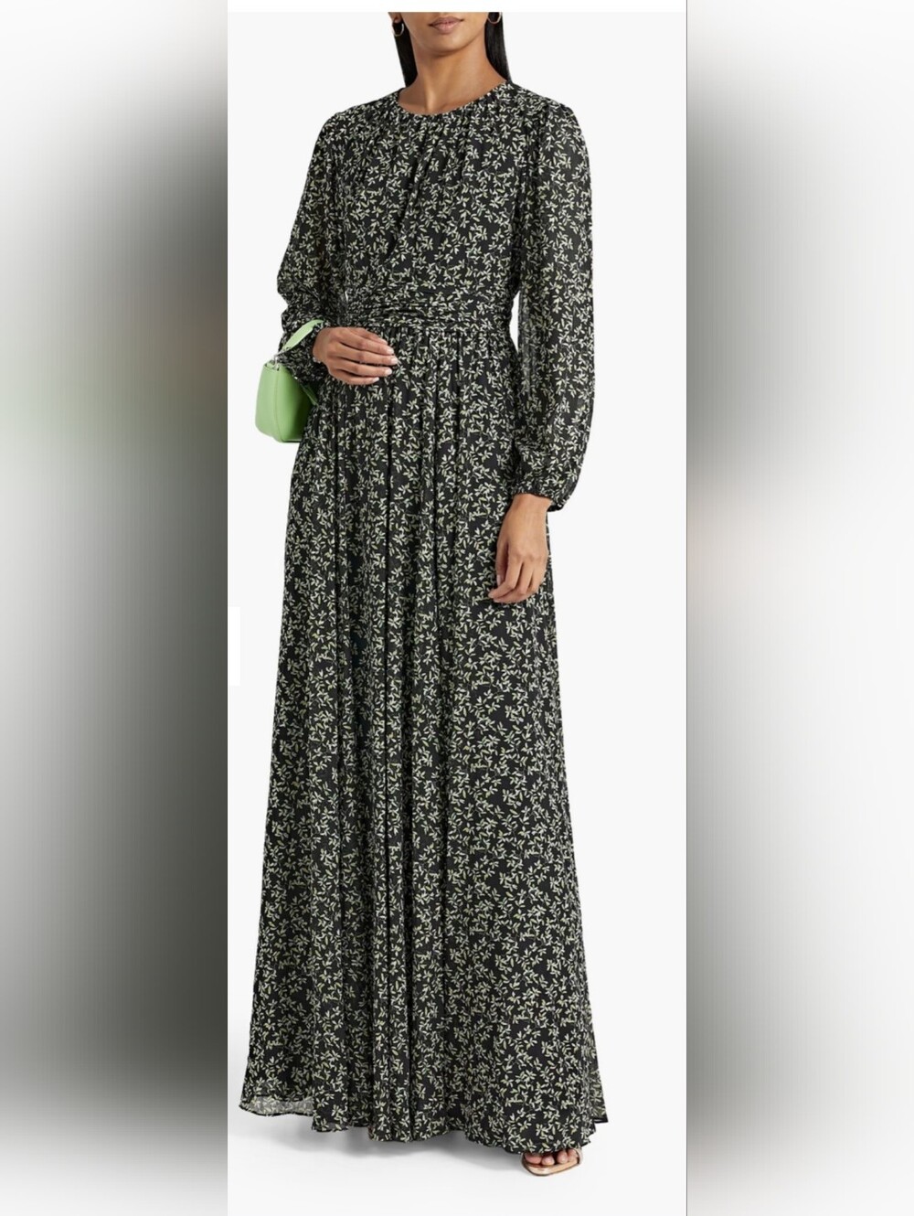 Mikael Aghal Green Multi Floral Maxi Dress Size 12 NWT Long Sleeve Metallic Deta